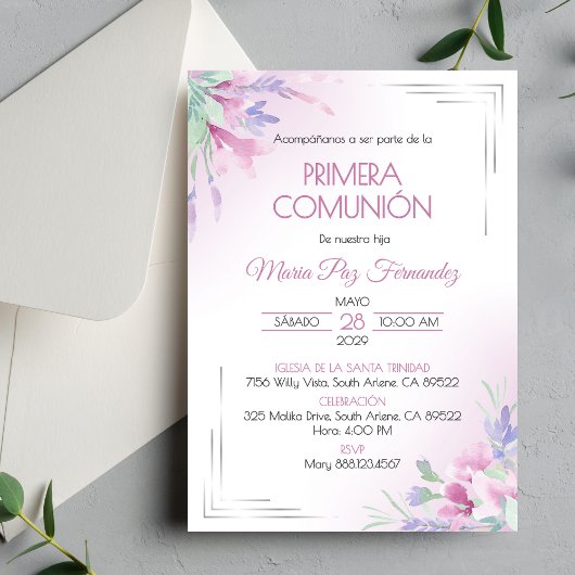 Primera Comunion Purple Flowers erste Kommune Einladung