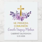 Primera Comunion Purple Flowers erste Kommune Weinetikett (Einzelnes Label)
