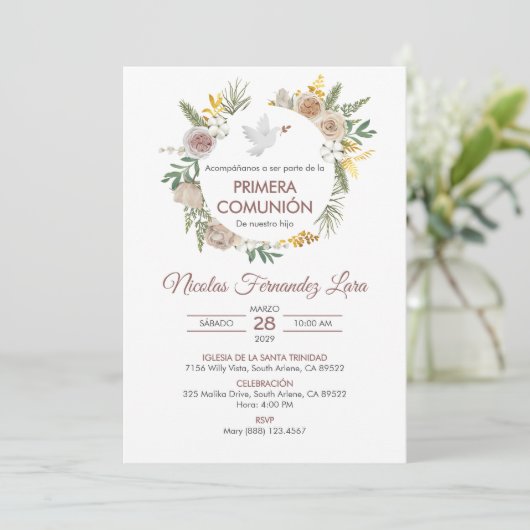 Primera Comunion Spanischer Boho Erste Kommune Einladung (Stehend Vorderseite)