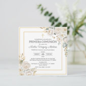 Primera Comunion White Roses Erste Heilige Kommune Einladung (Stehend Vorderseite)