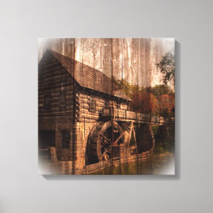 Primitive Barn Wood Bauernmühle Wasserrad Leinwanddruck