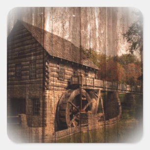 Primitive Barn Wood Bauernmühle Wasserrad Quadratischer Aufkleber