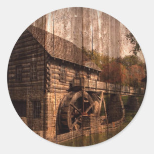 Primitive Barn Wood Bauernmühle Wasserrad Runder Aufkleber