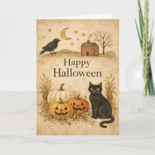 Primitive Black Cat Folk Art Halloween Karte
