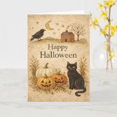 Primitive Black Cat Folk Art Halloween Karte (Gelbe Blume)