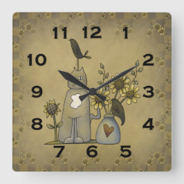 Primitive Country Crows Cat Sonnenblumen Wall Uhr