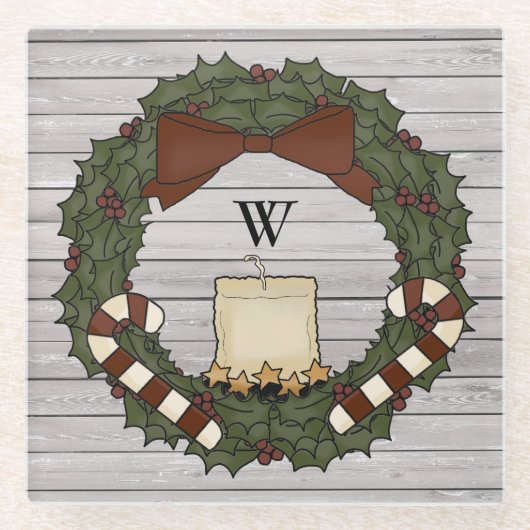 Primitive Country Farmhouse Holly Monogram Wreath Glasuntersetzer (Vorderseite)