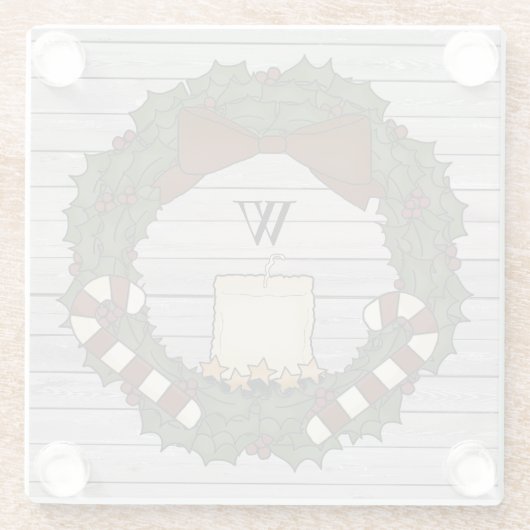 Primitive Country Farmhouse Holly Monogram Wreath Glasuntersetzer (Rückseite)