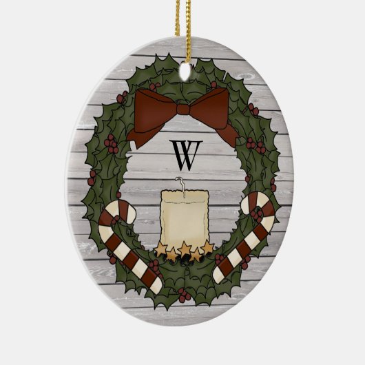 Primitive Country Farmhouse Holly Monogram Wreath Keramik Ornament (Rechts)