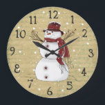 Primitive Country Snowman Clock Große Wanduhr<br><div class="desc">Ein primitiver Schneemann in seinem bordeauxroten Schal und Hut mit Zweig-Beerenarmen und Sternenknöpfen ist Set auf einem Vintagen Hintergrund. Fallender Schnee fällt über die Uhr. Natürlich braucht der Schneemann Schnee! Ein tolles Geschenk für jeden primitiven oder Schneemann Liebhaber! Das Hotel liegt sehr zentral und ist sehr zentral gelegen.</div>