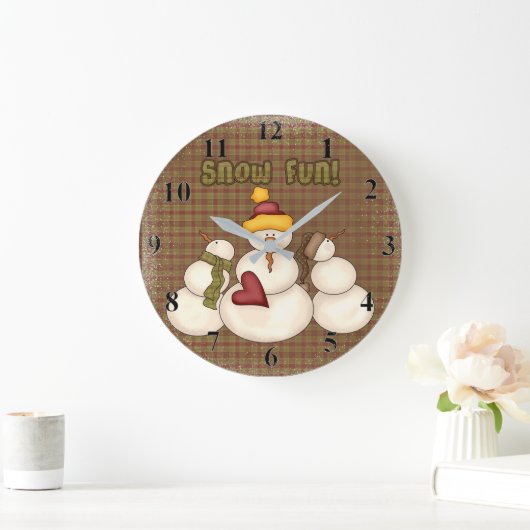 Primitive Country Snowman SNOWFUN Große Wanduhr (Zuhause)