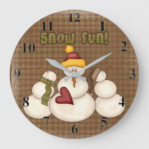 Primitive Country Snowman SNOWFUN Große Wanduhr