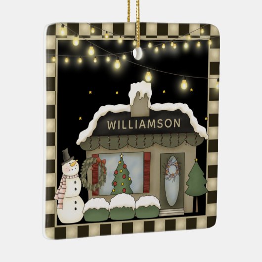 Primitive Country Weihnachten Hütte mit Snowman Keramikornament (Rechts)