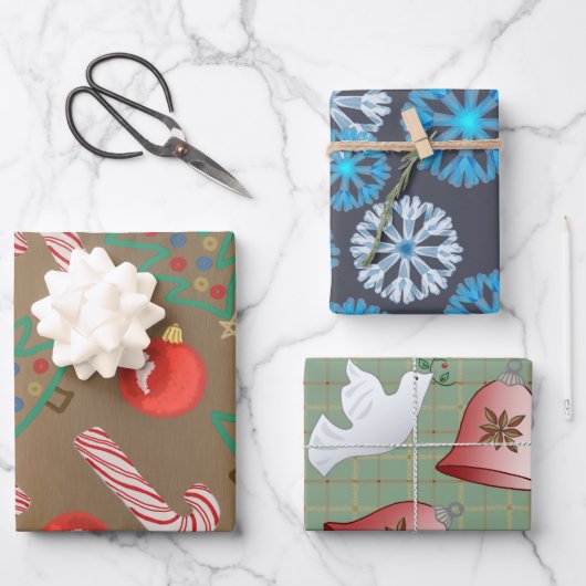 Primitive festliche Tauben Schneeflocken Weihnacht Geschenkpapier Set (Vorderseite)
