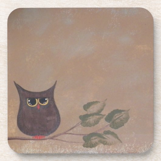 Primitive Folk Art Owl Acrylmalerei Getränkeuntersetzer (Vorderseite)