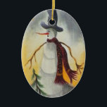 Primitive Folk Art Snowman Keramikornament<br><div class="desc">Originelle Kunst in Acryl auf Papier von Deborah Miller. Niedlicher Schneemann in primitiver Volkskunst und trägt einen Hut und Schal</div>