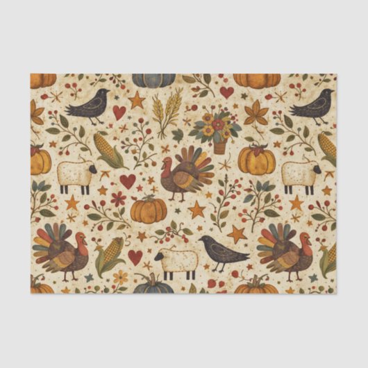 Primitive Folk Art Thanksgiving Seidenpapier (Vorderseite)