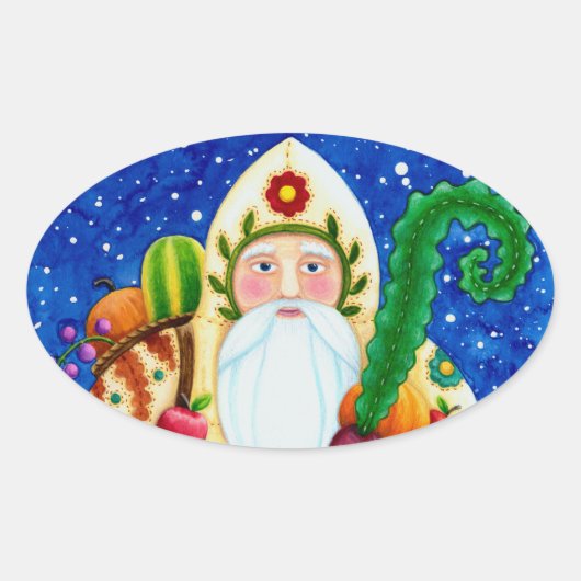 PRIMITIVE FOLKART BALTIMORE QUILT VATER CHRISTMAS OVALER AUFKLEBER (Vorderseite)