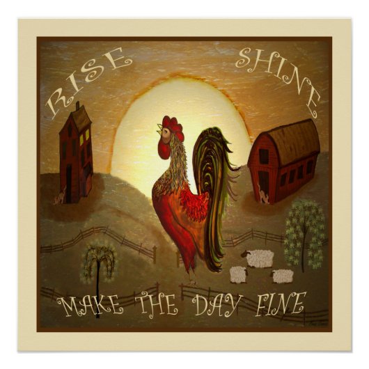 Primitive Folklorekunst Rise und Shine Farm Runder Poster (Vorderseite)