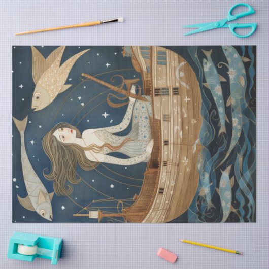 Primitive Frau mit Fischfischen dekoutiert Seidenpapier (Basteln)