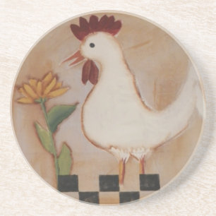 Primitive Hühner- und Blume-Malerei Sandstein Untersetzer