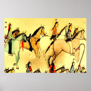 Primitive Indianer Pferde Vintage Folk Art Zeichnu Poster