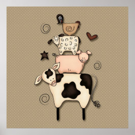 Primitive Landkuh, Schaf, Schwein und Roster-Dekor Poster