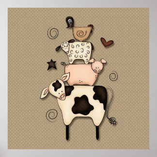 Primitive Landkuh, Schaf, Schwein und Roster-Dekor Poster