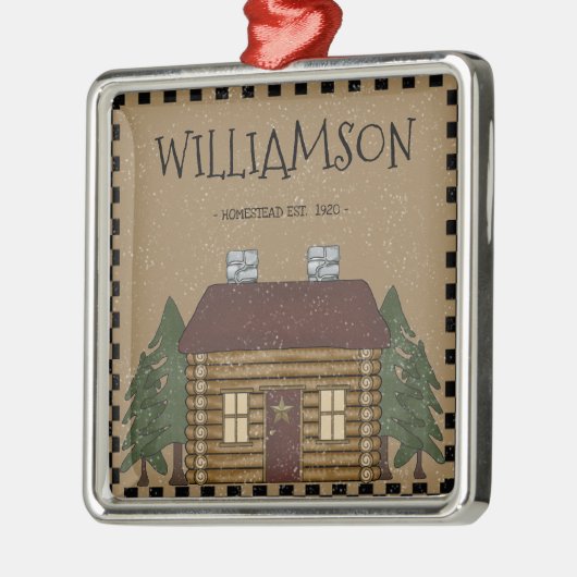 PRIMITIVE LOG CABIN FAMILIENNAME PERSONALISIERT ORNAMENT AUS METALL (Links)