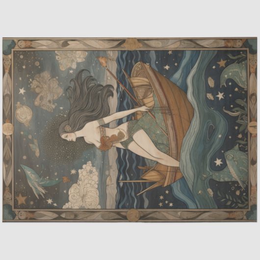 Primitive Meerjungfrau in einer Dekoupage des Boot Seidenpapier (Vorderseite)