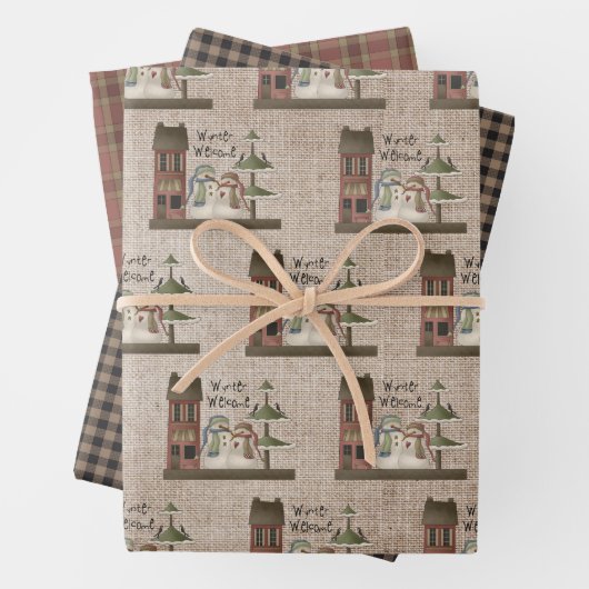 Primitive Papers - Wynter Welcome Snowmen - Plaid Geschenkpapier Set (Beispiel)