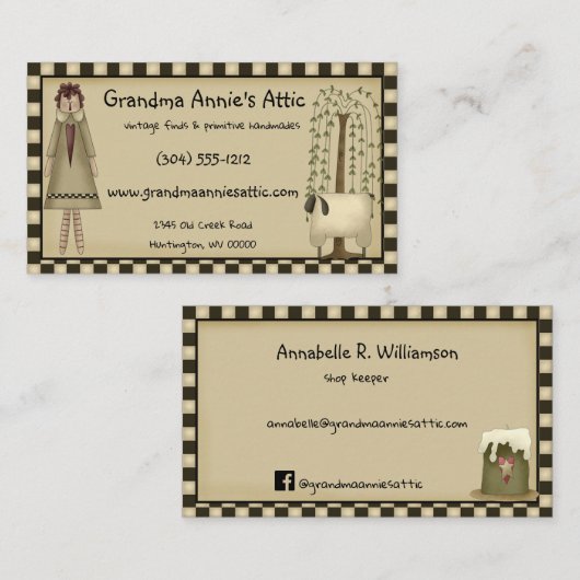 Primitive Rag Doll Willow Tree Rustikales Land Visitenkarte (Vorne/Hinten)