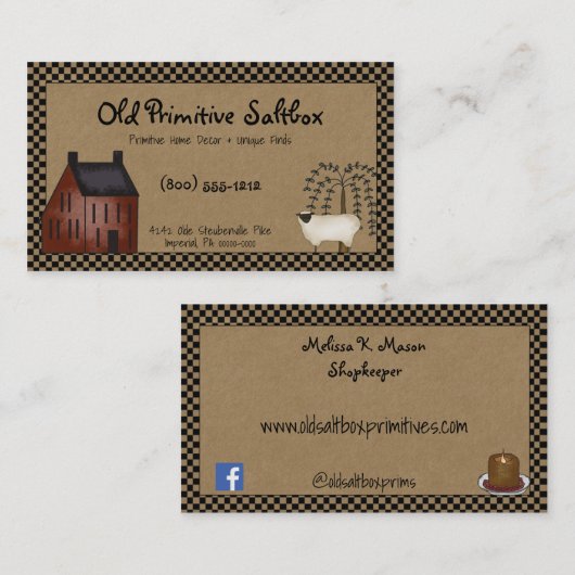 Primitive Red Saltbox House & Sheep Editable Visitenkarte (Vorne/Hinten)