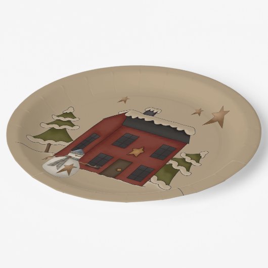 Primitive rote Kolonialzeit mit Schneemann Pappteller (Schrägansicht)