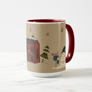 Primitive rotes Kolonialhaus und Schneemann Tasse