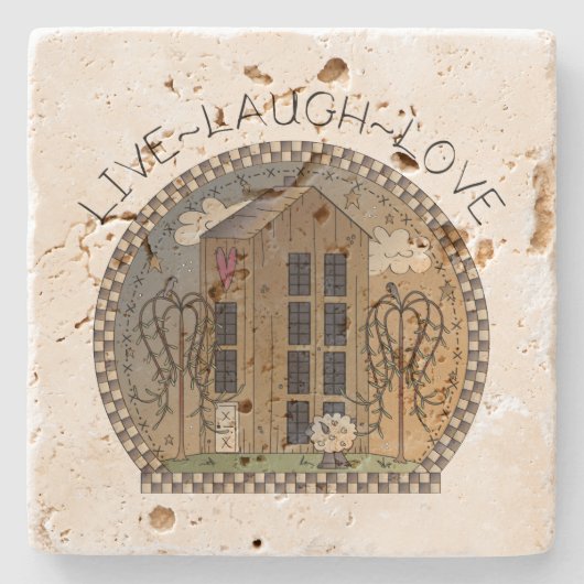 Primitive Rustikale Hausbaume Live-Laugh-Liebe Steinuntersetzer (Vorderseite)