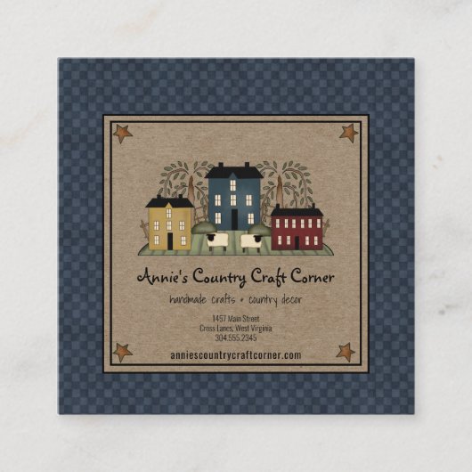 Primitive Saltbox Willow Tree and Sheep Quadratische Visitenkarte (Vorderseite)