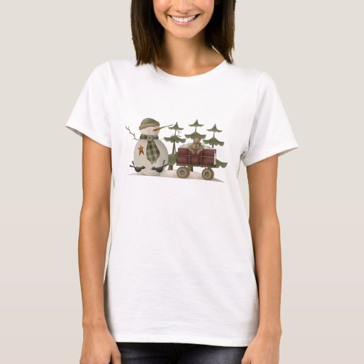 Primitive Snowman & Teddy Bear Wagon T-Shirt (Vorderseite)