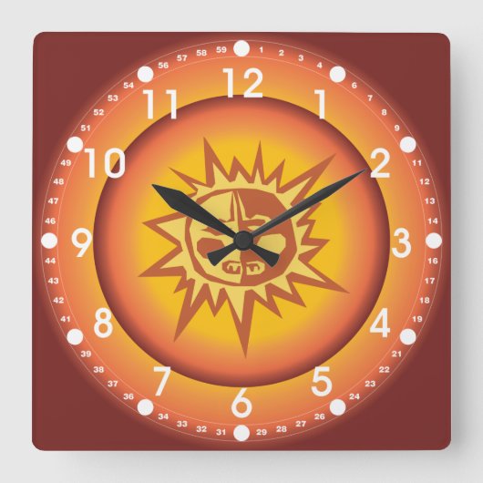 Primitive Tribal Sun Design Red Orange Glow Quadratische Wanduhr (Vorderseite)