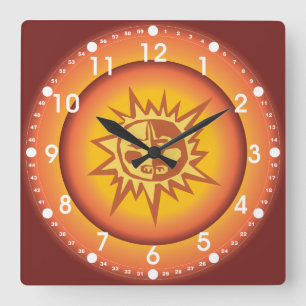 Primitive Tribal Sun Design Red Orange Glow Quadratische Wanduhr