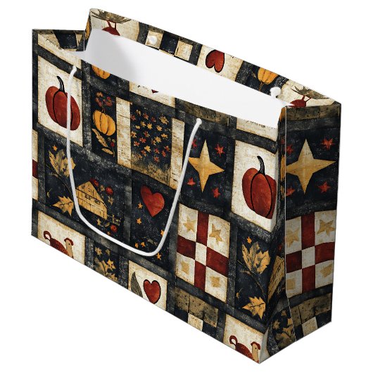 Primitives Quiltmuster für den Herbst | Ernte Große Geschenktüte (Vorderseite Schrägansicht)
