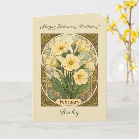 Primrose February Birthday Flowers Art Nouveau Sty Karte (Gelbe Blume)