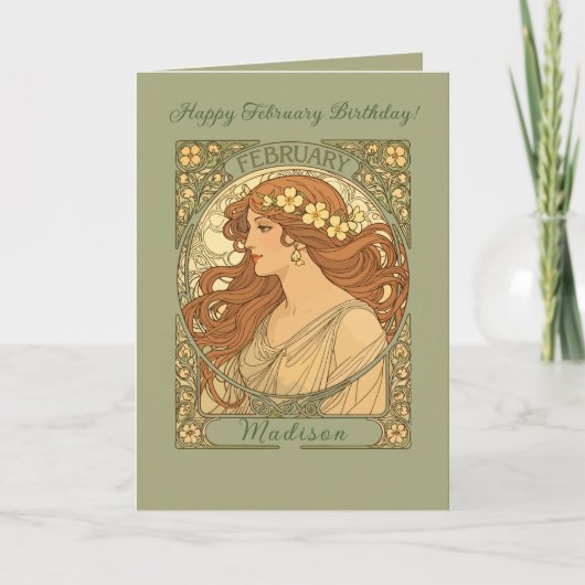 Primrose Flowers Art Nouveau Style February Birthd Karte (Vorderseite)