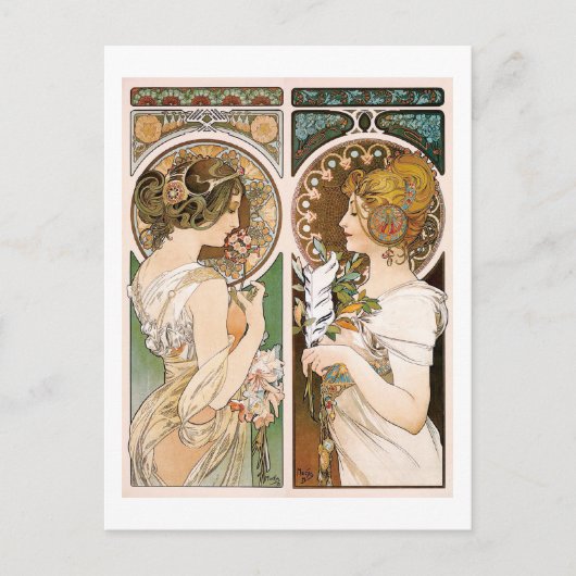 Primrosen und Feather, Mucha Postkarte (Vorderseite)