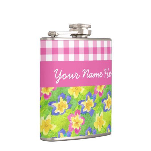 Primroses Hip Flask to Personalize: Pink Gingham Flachmann (Rechts)