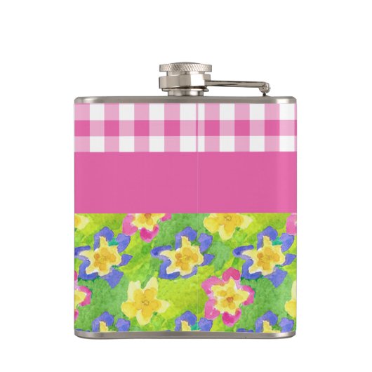 Primroses Hip Flask to Personalize: Pink Gingham Flachmann (Rückseite)
