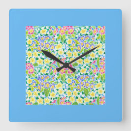 Primroses Square Wall Clock, türkisfarbene Grenze Quadratische Wanduhr