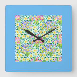Primroses Square Wall Clock, türkisfarbene Grenze Quadratische Wanduhr