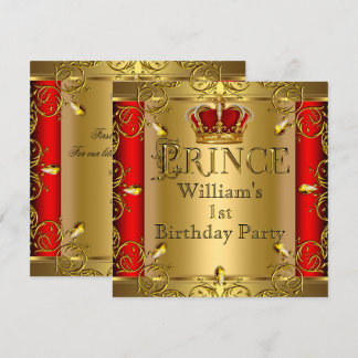 Prince 1. Geburtstag Boy Red Gold Crown 2 Einladung