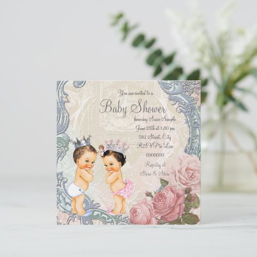 Prince and Princess Twin Baby Shower Einladung (Stehend Vorderseite)